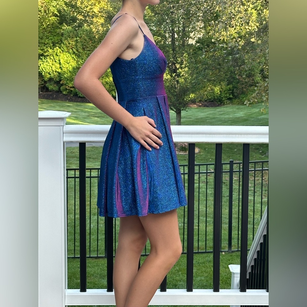 B Darlin Sparkly Blue Juniors' Glitter-Knit Skater Party Dress - Picture 5 of 7